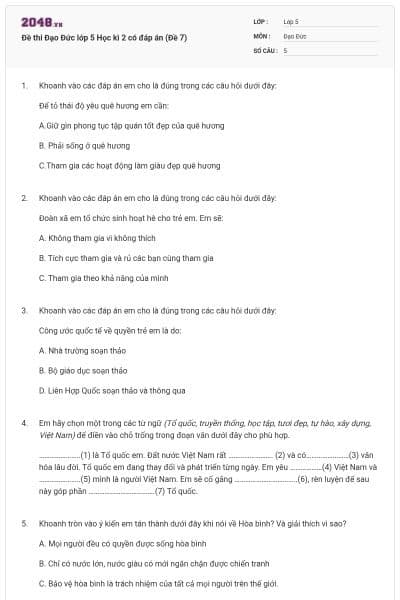 Đề thi Đạo Đức lớp 5 Học kì 2 có đáp án (Đề 7)