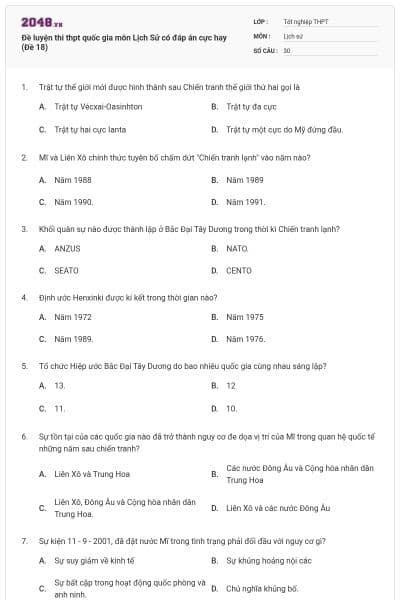 Đề luyện thi thpt quốc gia môn Lịch Sử có đáp án cực hay (Đề 18)