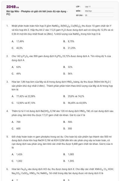 Bài tập Nito - Photpho có giải chi tiết (mức độ vận dụng - P2)