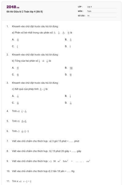 Đề thi Giữa kì 2 Toán lớp 4 (Đề 8)