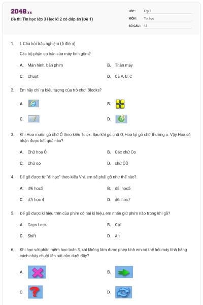 Đề thi Tin học lớp 3 Học kì 2 có đáp án (Đề 1)