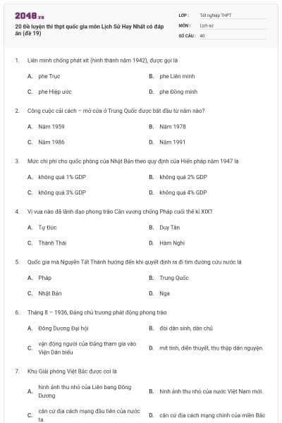 20 Đề luyện thi thpt quốc gia môn Lịch Sử Hay Nhất có đáp án (đề 19)