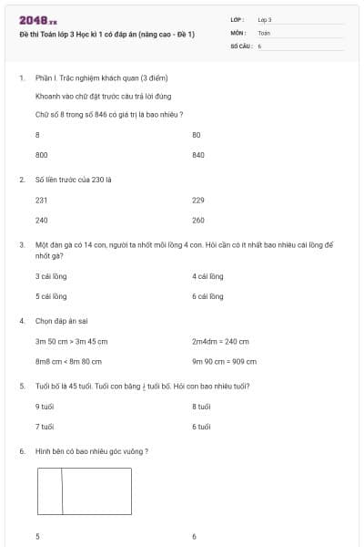 Đề thi Toán lớp 3 Học kì 1 có đáp án (nâng cao - Đề 1)