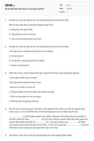 Đề thi Đạo Đức lớp 5 Học kì 2 có đáp án (Đề 9)