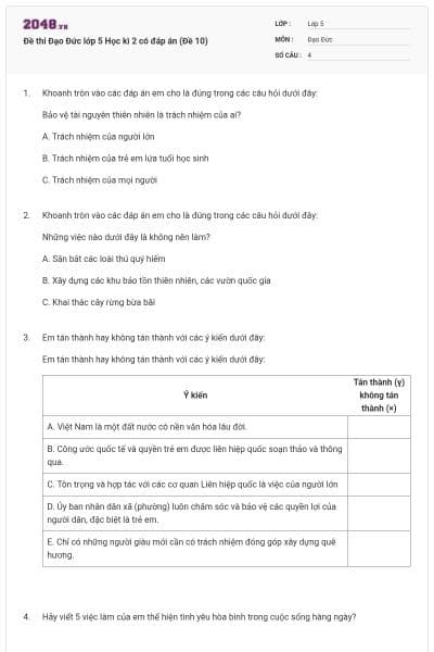 Đề thi Đạo Đức lớp 5 Học kì 2 có đáp án (Đề 10)