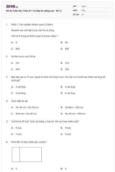 Đề thi Toán lớp 3 Học kì 1 có đáp án (nâng cao - Đề 1)