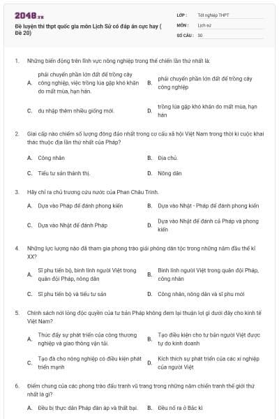 Đề luyện thi thpt quốc gia môn Lịch Sử có đáp án cực hay ( Đề 20)