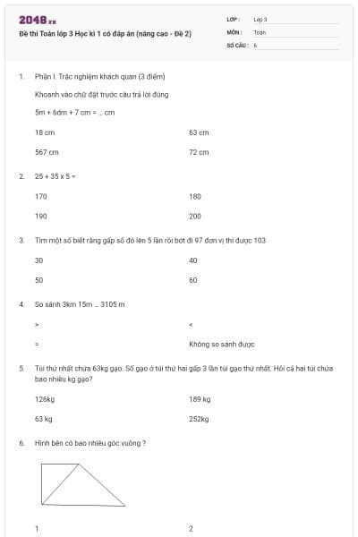 Đề thi Toán lớp 3 Học kì 1 có đáp án (nâng cao - Đề 2)