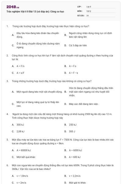 Trắc nghiệm Vật lí 8 Bài 13 (có đáp án): Công cơ học
