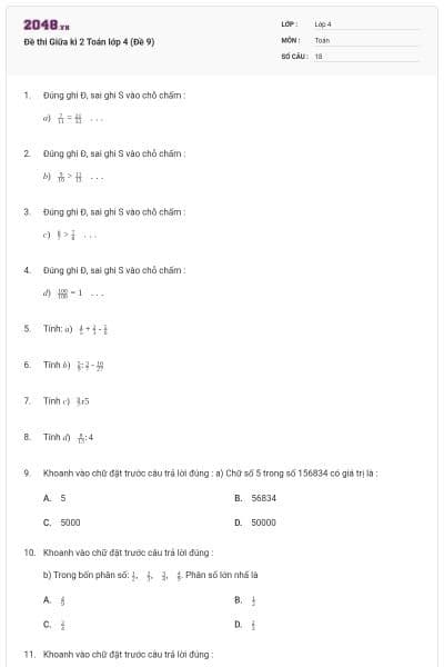 Đề thi Giữa kì 2 Toán lớp 4 (Đề 9)