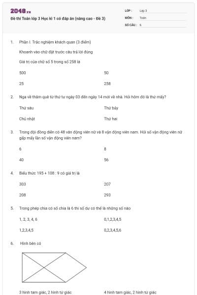 Đề thi Toán lớp 3 Học kì 1 có đáp án (nâng cao - Đề 3)