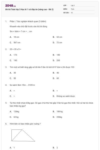 Đề thi Toán lớp 3 Học kì 1 có đáp án (nâng cao - Đề 2)
