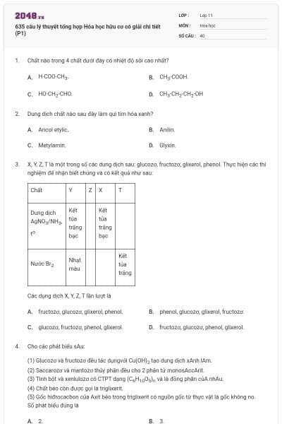 635 câu lý thuyết tổng hợp Hóa học hữu cơ có giải chi tiết (P1)