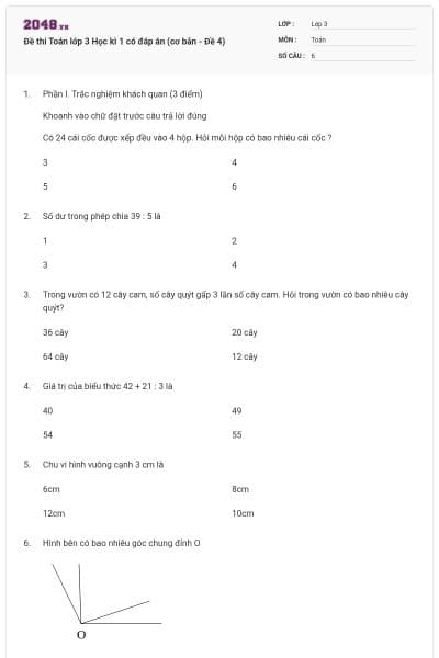 Đề thi Toán lớp 3 Học kì 1 có đáp án (cơ bản - Đề 4)