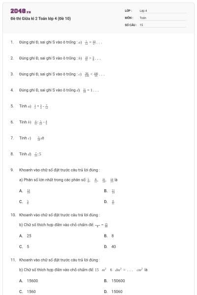 Đề thi Giữa kì 2 Toán lớp 4 (Đề 10)