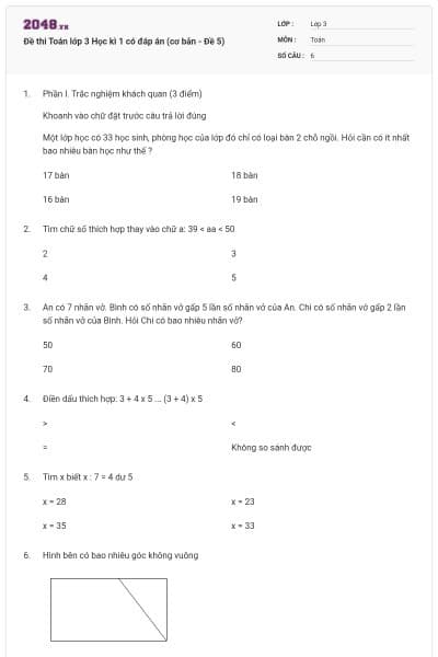 Đề thi Toán lớp 3 Học kì 1 có đáp án (cơ bản - Đề 5)