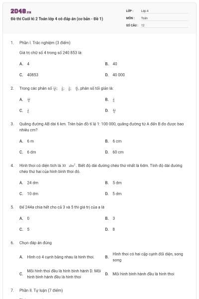 Đề thi Cuối kì 2 Toán lớp 4 có đáp án (cơ bản - Đề 1)