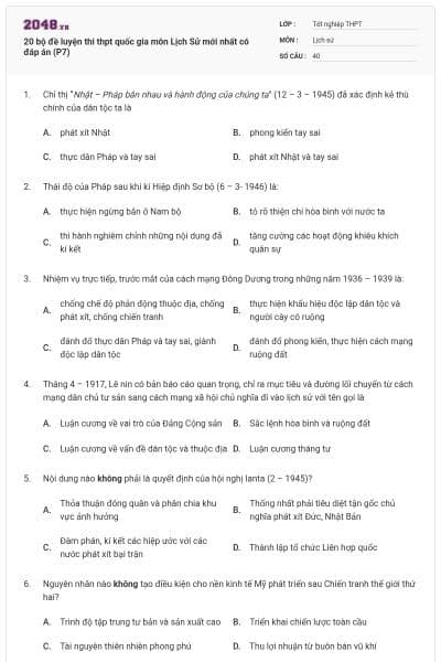 20 bộ đề luyện thi thpt quốc gia môn Lịch Sử mới nhất có đáp án (P7)