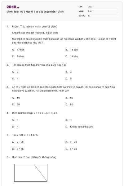 Đề thi Toán lớp 3 Học kì 1 có đáp án (cơ bản - Đề 5)