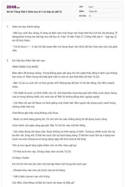 Đề thi Tiếng Việt 4 Giữa học kì 2 có đáp án (Đề 9)