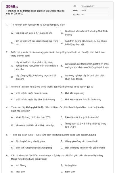 Tổng hợp 11 đề thi thpt quốc gia môn Địa Lý Hay nhất có đáp án (Đề số 2)