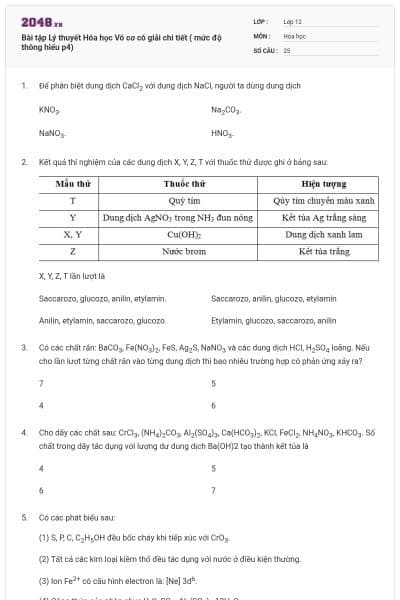 Bài tập Lý thuyết Hóa học Vô cơ có giải chi tiết ( mức độ thông hiểu p4)