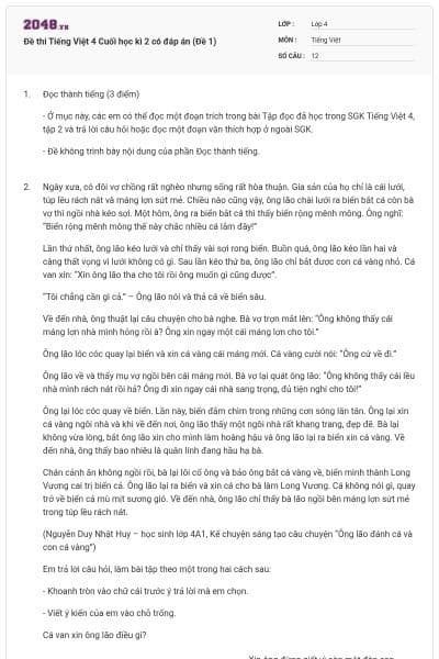 Đề thi Tiếng Việt 4 Cuối học kì 2 có đáp án (Đề 1)