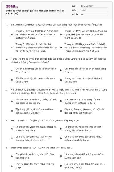 20 bộ đề luyện thi thpt quốc gia môn Lịch Sử mới nhất có đáp án (P8)