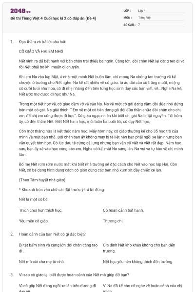 Đề thi Tiếng Việt 4 Cuối học kì 2 có đáp án (Đề 4)