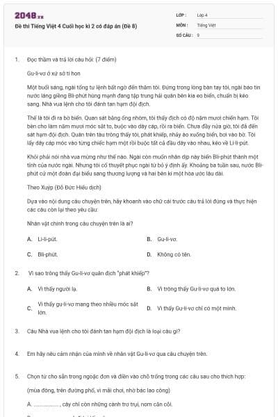 Đề thi Tiếng Việt 4 Cuối học kì 2 có đáp án (Đề 8)