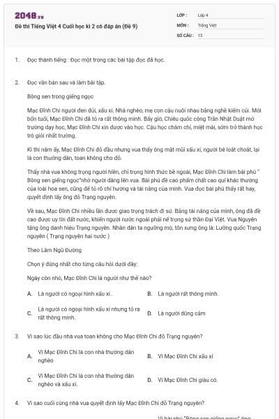 Đề thi Tiếng Việt 4 Cuối học kì 2 có đáp án (Đề 9)
