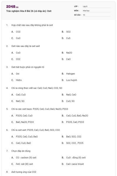 Trắc nghiệm Hóa 8 Bài 26 (có đáp án): Oxit
