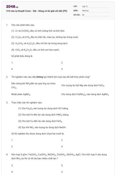 310 câu Lý thuyết Crom - Sắt - Đồng có lời giải chi tiết (P9)