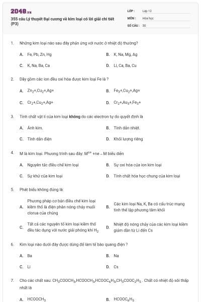 355 câu Lý thuyết Đại cương về kim loại có lời giải chi tiết (P3)