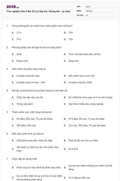 Trắc nghiệm Hóa 8 Bài 28 (có đáp án): Không khí - sự cháy