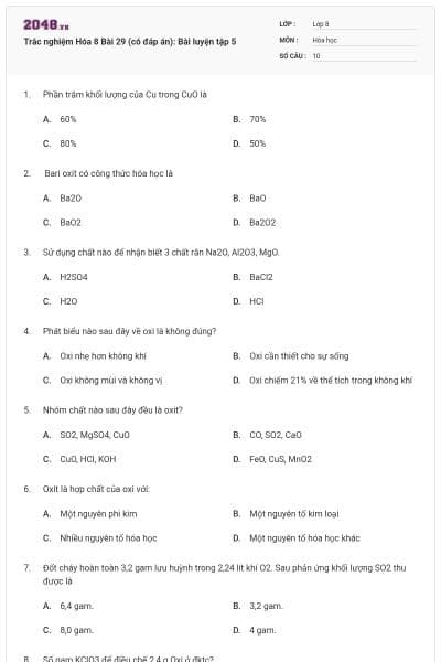 Trắc nghiệm Hóa 8 Bài 29 (có đáp án): Bài luyện tập 5
