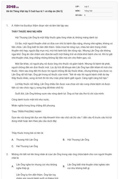 Đề thi Tiếng Việt lớp 5 Cuối học kì 1 có đáp án (Đề 5)