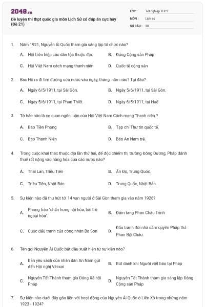 Đề luyện thi thpt quốc gia môn Lịch Sử có đáp án cực hay (Đề 21)