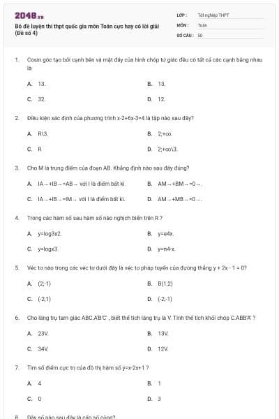Bô đề luyện thi thpt quốc gia môn Toán cực hay có lời giải (Đề số 4)