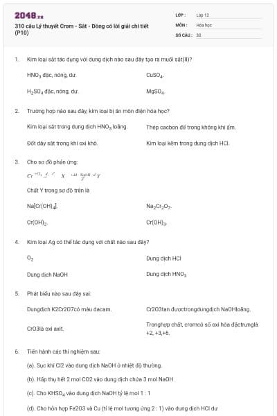 310 câu Lý thuyết Crom - Sắt - Đồng có lời giải chi tiết (P10)