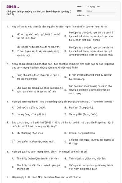 Đề luyện thi thpt quốc gia môn Lịch Sử có đáp án cực hay ( Đề 22)