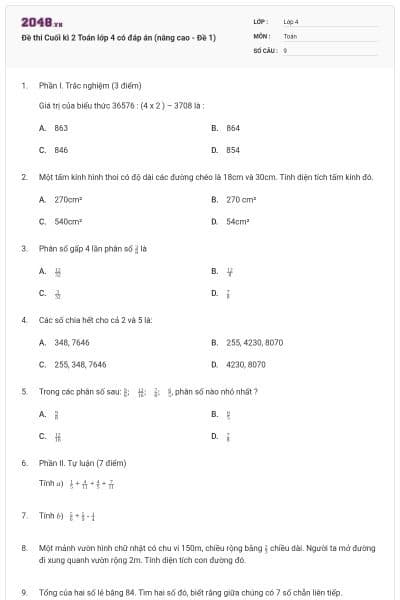Đề thi Cuối kì 2 Toán lớp 4 có đáp án (nâng cao - Đề 1)