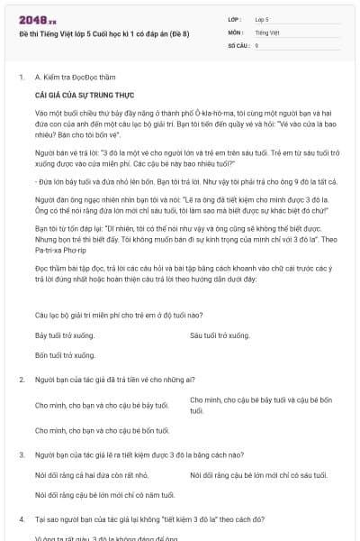 Đề thi Tiếng Việt lớp 5 Cuối học kì 1 có đáp án (Đề 8)