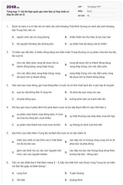 Tổng hợp 11 đề thi thpt quốc gia môn Địa Lý Hay nhất có đáp án (Đề số 3)