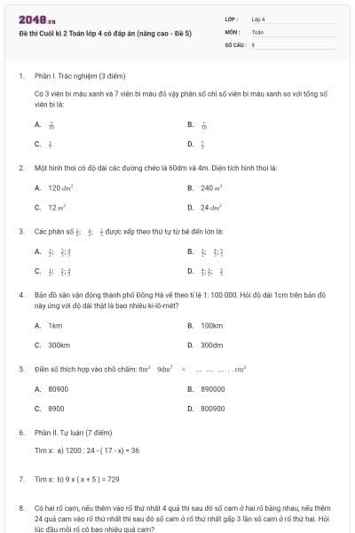 Đề thi Cuối kì 2 Toán lớp 4 có đáp án (nâng cao - Đề 5)
