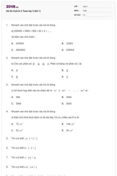 Đề thi Cuối kì 2 Toán lớp 4 (Đề 1)