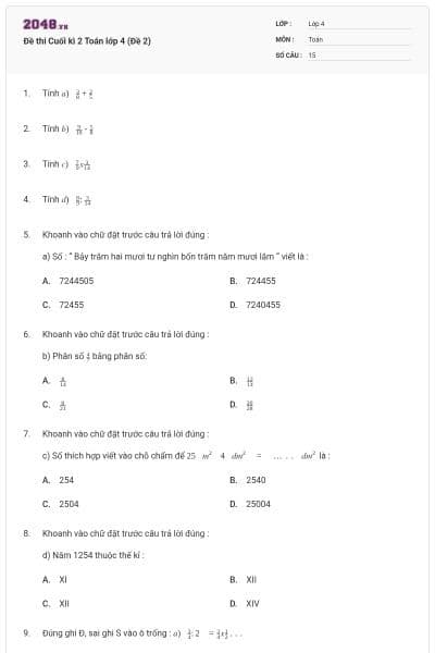Đề thi Cuối kì 2 Toán lớp 4 (Đề 2)