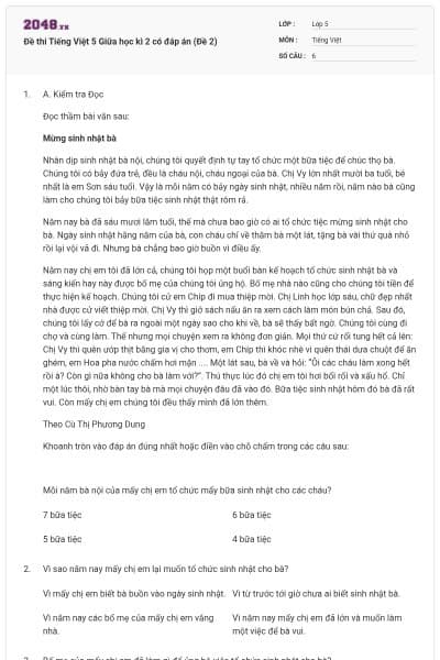 Đề thi Tiếng Việt 5 Giữa học kì 2 có đáp án (Đề 2)