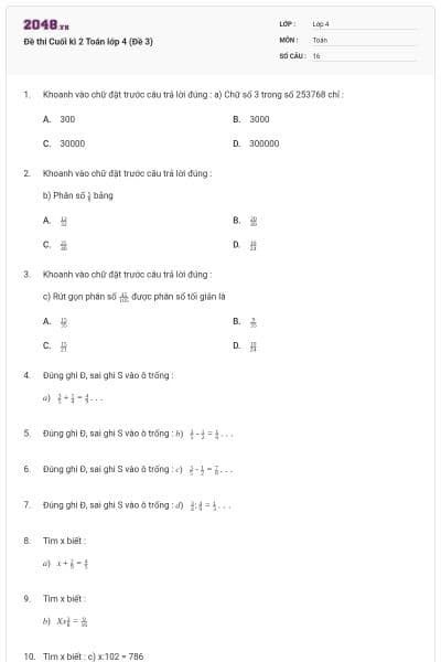 Đề thi Cuối kì 2 Toán lớp 4 (Đề 3)