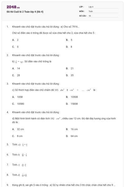 Đề thi Cuối kì 2 Toán lớp 4 (Đề 4)